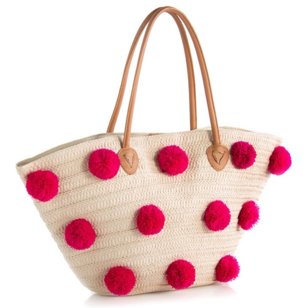 SHIRALEAH • Klo Pom Pom Straw Tote Beach Bohemian Shopper Bag - Picture 6 of 8